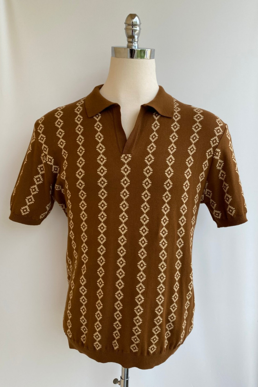Dandy Del Mar Brown Tan Patterned Polo Shirt L